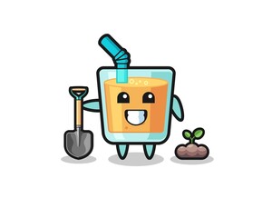 cute orange juice cartoon is planting a tree seed