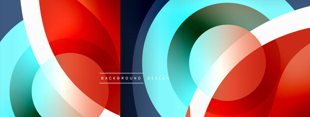 Obraz premium Abstract background with color geometric shapes. Beautiful minimal backdrop with round shapes circles and lines. Geometrical design. Vector illustration