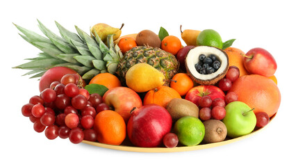 Naklejka na ściany i meble Platter with different fresh fruits isolated on white