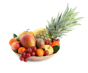 Assortment of fresh exotic fruits in bowl on white background