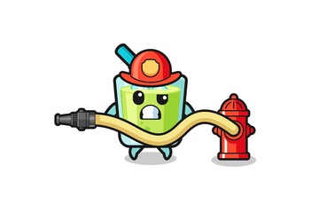 melon juice cartoon as firefighter mascot with water hose