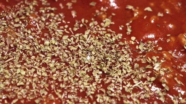 Close-up View, Stirring in the Bolognese Sauce with a Wooden Pot Spoon, Adding Oregano to the Sauce - Steady Shot