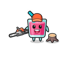 strawberry juice lumberjack character holding a chainsaw