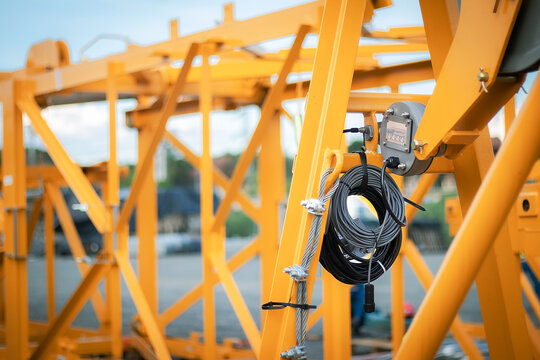 load sensor of tower crane with cable for measurement weight when lifting something of tower crane on jib section crane. so we are preparing at yard.