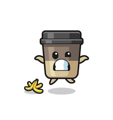 coffee cup cartoon is slip on a banana peel