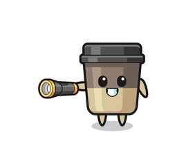 coffee cup mascot holding flashlight