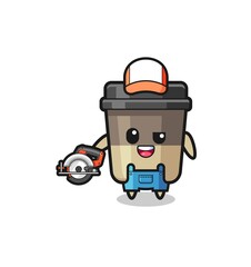 the woodworker coffee cup mascot holding a circular saw