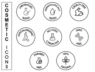cosmetic product packaging icon set laboratory tested, dermatologically tested, cruelty-free, hypoallergenic, no toxic chemicals, GMO-free paraben-free, 100% natural 