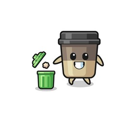 illustration of the coffee cup throwing garbage in the trash can