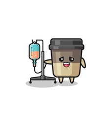 cute coffee cup character standing with infusion pole