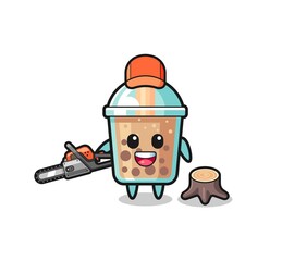 bubble tea lumberjack character holding a chainsaw