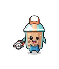 the woodworker bubble tea mascot holding a circular saw