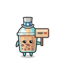 bubble tea cartoon as uncle Sam holding the banner I want you