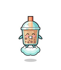 cute bubble tea illustration riding a floating cloud
