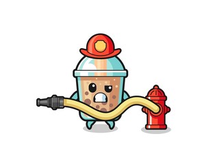 bubble tea cartoon as firefighter mascot with water hose