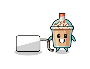 milkshake cartoon is pulling a banner