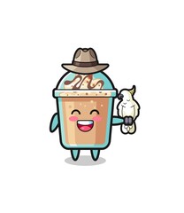 milkshake zookeeper mascot with a parrot