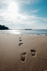 Footprints on the sand leading to the sea.