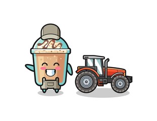 the milkshake farmer mascot standing beside a tractor