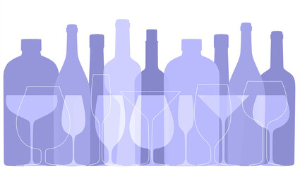 Abstract background with bottles and glasses for menue. Very peri trendy color for 2022.
