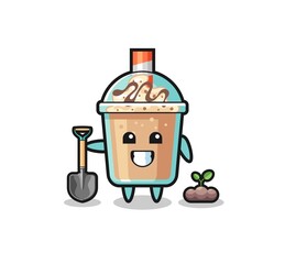 cute milkshake cartoon is planting a tree seed