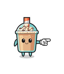 milkshake mascot with pointing right gesture