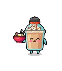 milkshake as Chinese chef mascot holding a noodle bowl