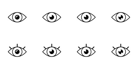 Conjunto de iconos de ojos. Símbolo de la vista. Concepto de visión, observación y revisión. Ilustración vectorial, estilos diferentes