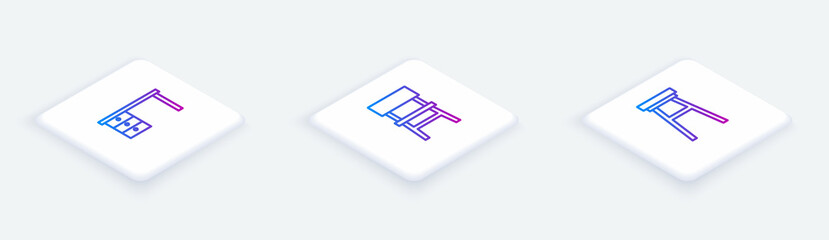 Set Isometric line Office desk, Chair and . White square button. Vector