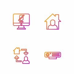 Set line Web camera, Online working, Mute microphone on computer and . Gradient color icons. Vector