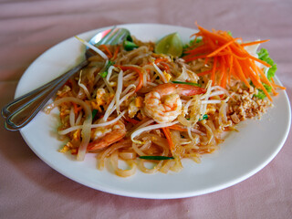 Stir fried rice noodle thai style with shrimps and vegetables Pad Thai kung sod ,food popular with Thai and foreigners. Have a delicious national taste good.