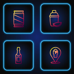Set line Alcohol or beer bar location, Champagne bottle, Beer can and Cocktail shaker with lime. Gradient color icons. Vector