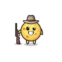 round cheese hunter mascot holding a gun