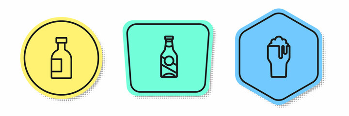 Set line Glass bottle of vodka, Beer and beer. Colored shapes. Vector