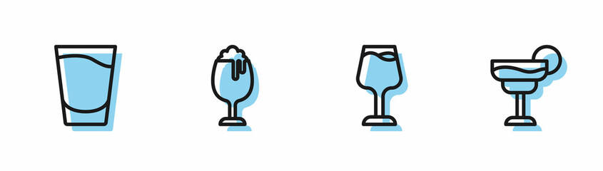 Set line Wine glass, Shot, Glass of beer and Cocktail icon. Vector