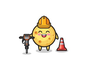 road worker mascot of round cheese holding drill machine