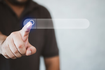 Cropped view of a man clicking internet search page touch screen. Technology searching system and internet concept