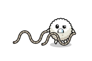 illustration of rice ball doing battle rope workout
