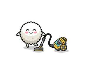 cute rice ball holding vacuum cleaner illustration