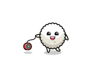 cartoon of cute rice ball playing a yoyo