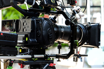 Fototapeta na wymiar Camera on Film Set, Behind the scenes background, film crew production