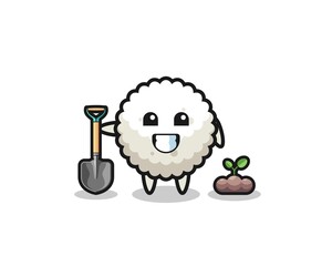 cute rice ball cartoon is planting a tree seed