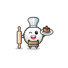 rice ball as pastry chef mascot hold rolling pin