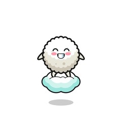 cute rice ball illustration riding a floating cloud