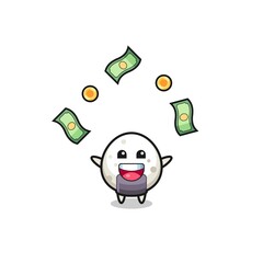 illustration of the onigiri catching money falling from the sky