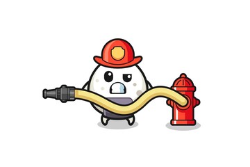 onigiri cartoon as firefighter mascot with water hose