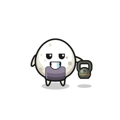 onigiri mascot lifting kettlebell in the gym