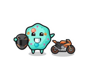 cute amoeba cartoon as a motorcycle racer