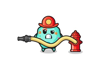 amoeba cartoon as firefighter mascot with water hose