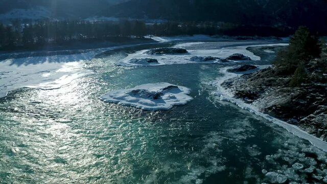 aerial view melting ice the Siberian river
